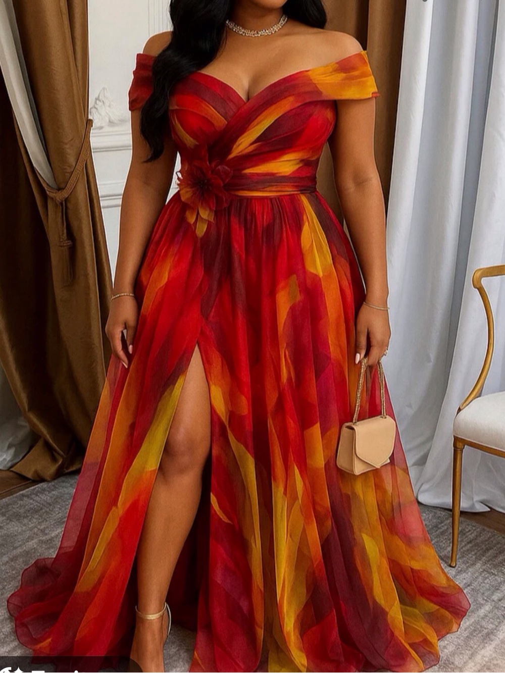 Women’s Off Shoulder Orange/Yellow/Red Floral Evening Dress Sizes-0XL-3XL NEW